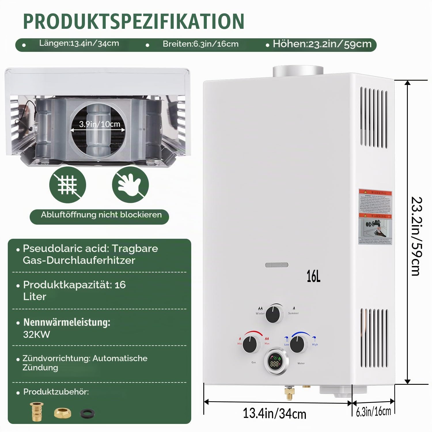 Gas Durchlauferhitzer 16L Propan, Batteriezündung Durchlauferhitzer ohne Stromanschluss, mobiler Warmwasserspeicher für Camping, Wohnmobile, Pferdestall & Reise（weiß）