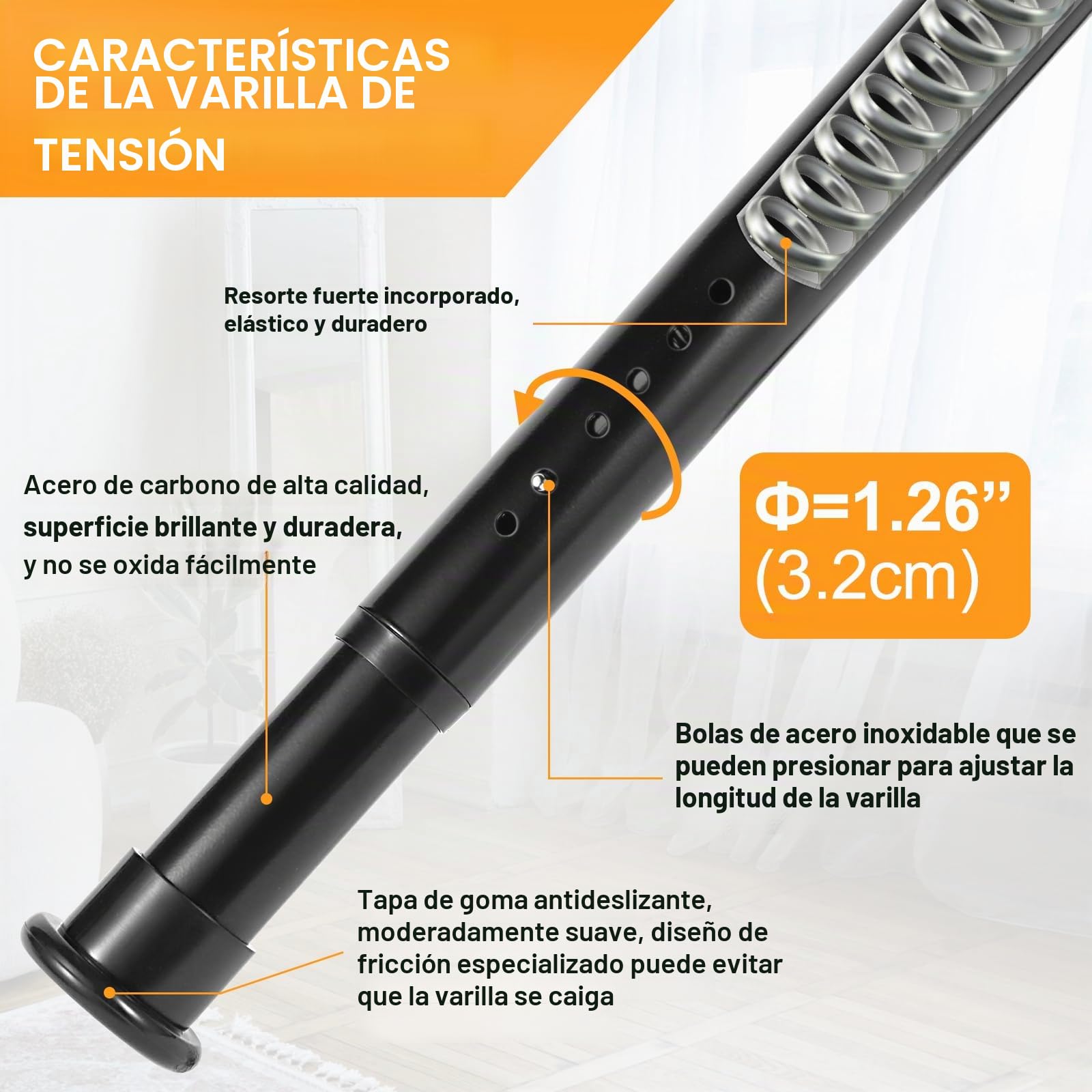 Barra de cortina de tensión resistente, 71-109 cm, barra de armario de resorte, para ventanas o ducha, fácil de instalar, sin taladrar, no se oxida, para baño, diámetro de la barra de 3,2 cm
