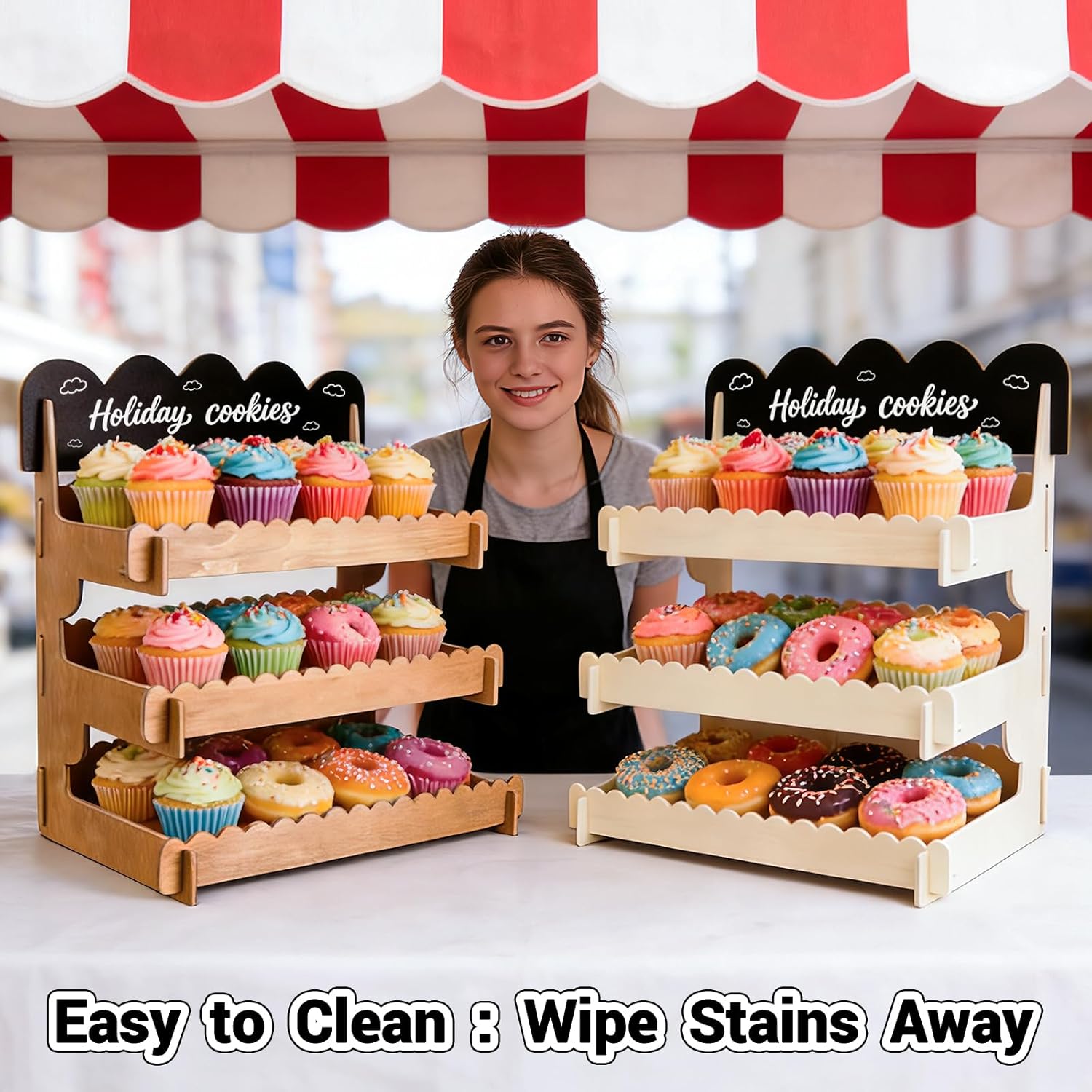 Wooden Cupcake Stand & Cookie Display Stand with Chalkboard Sign - Rustic Farmhouse Holder, Romantic Valentine's Decor with Large Capacity & Easy Assembly for Market Booths, Parties, Weddings, Home