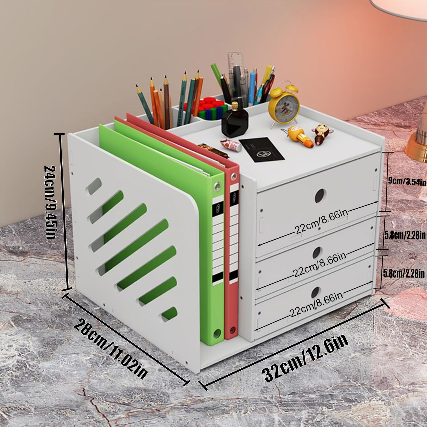 Organisateur de Bureau,Rangement Bureau Organisateur avec 1 Porte-revues-3 Stylos Compartiments et 3 compartiment rangement tiroir pour bureau,maison,école,Organiseurs multimédia