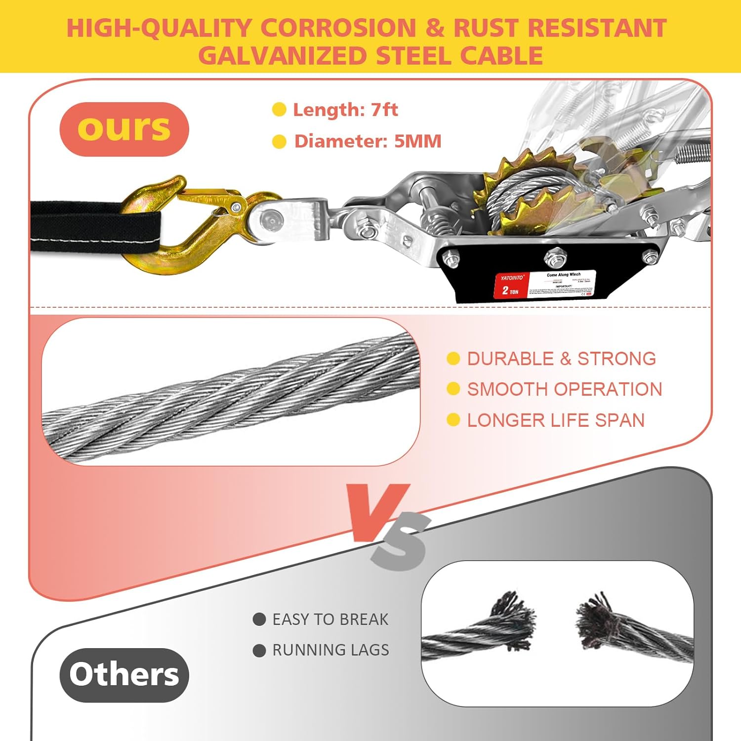 YATOINTO Come Along Winch 2-Ton with 7.54FT Steel Cable & 2 Hooks Heavy Duty Power Cable Come Along - Dual Gears Manual Winch for Vehicle Rescue & Automotive Hoist