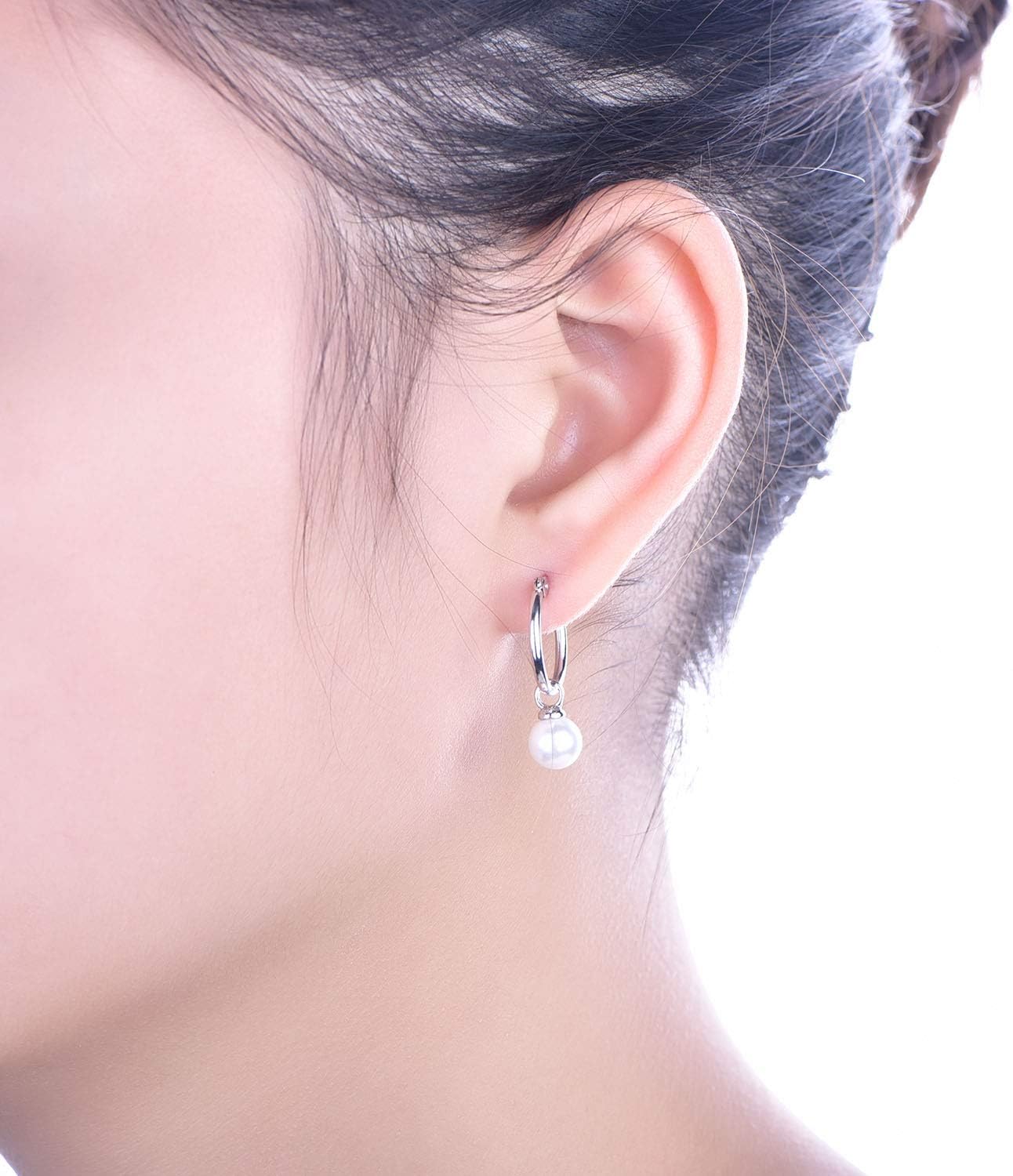 JO WISDOM 925 Sterling Silver Hoop Earrings with Simulated Danlge Pearl(white/Black) - Image 6