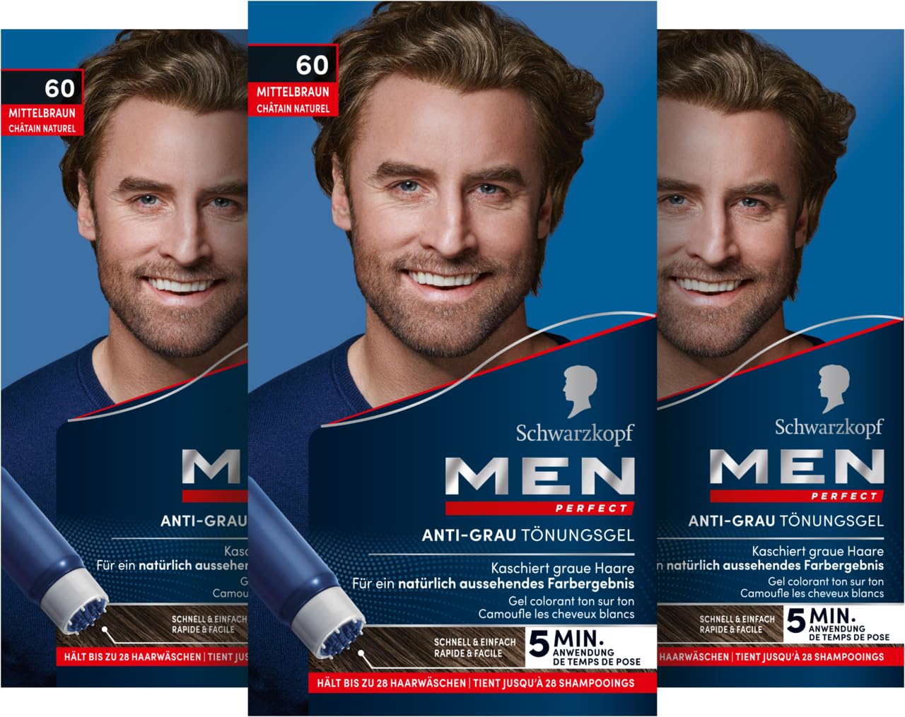 Schwarzkopf Men Perfect Anti-Grau Tönungs-Gel 60 Mittelbraun (3x 80 ml), Haarfarbe für Männer blendet graue Haare aus, Anti-Grau Tönung für ein natürlich aussehendes Ergebnis