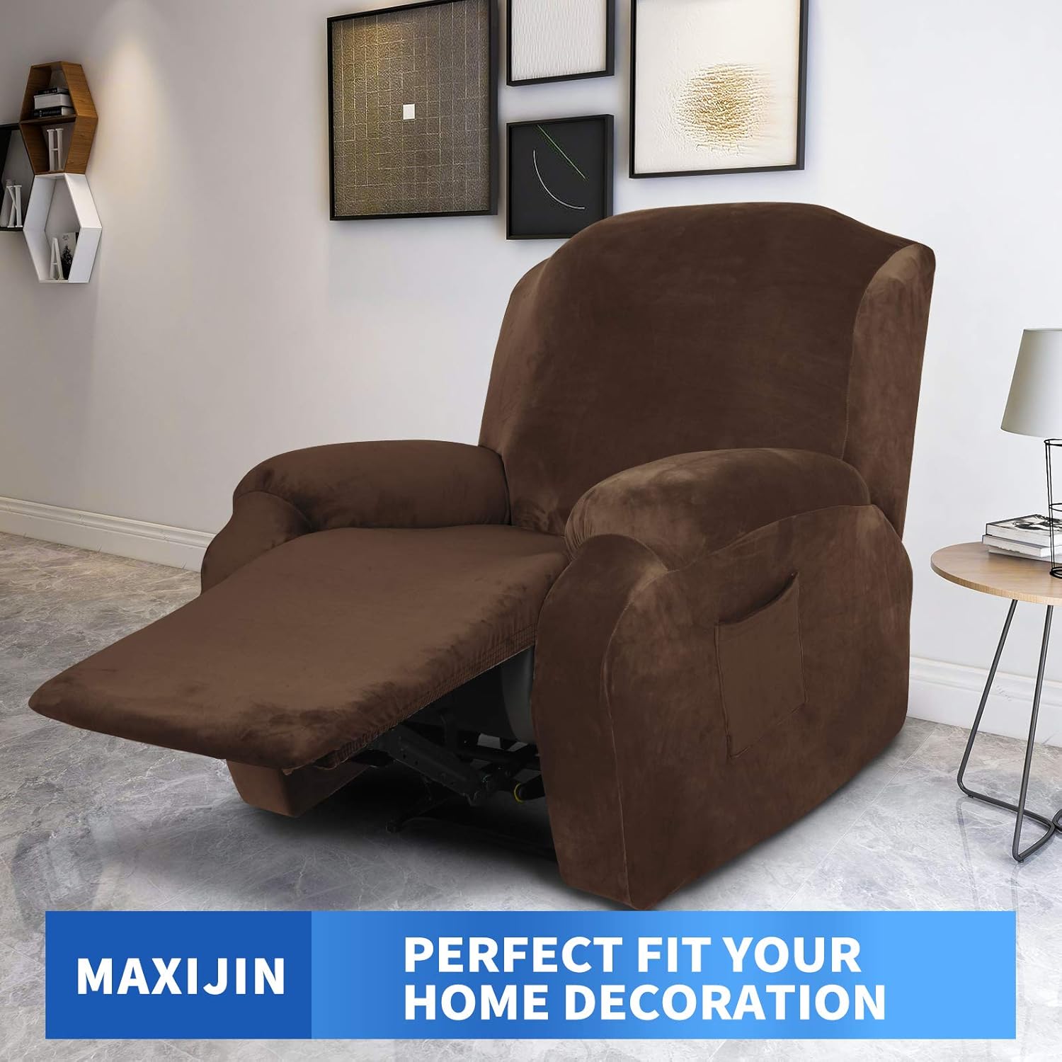 MAXIJIN Small Size Velvet Recliner Chair Cover + Small Size Velvet Ottoman Cover （Dark Coffee）