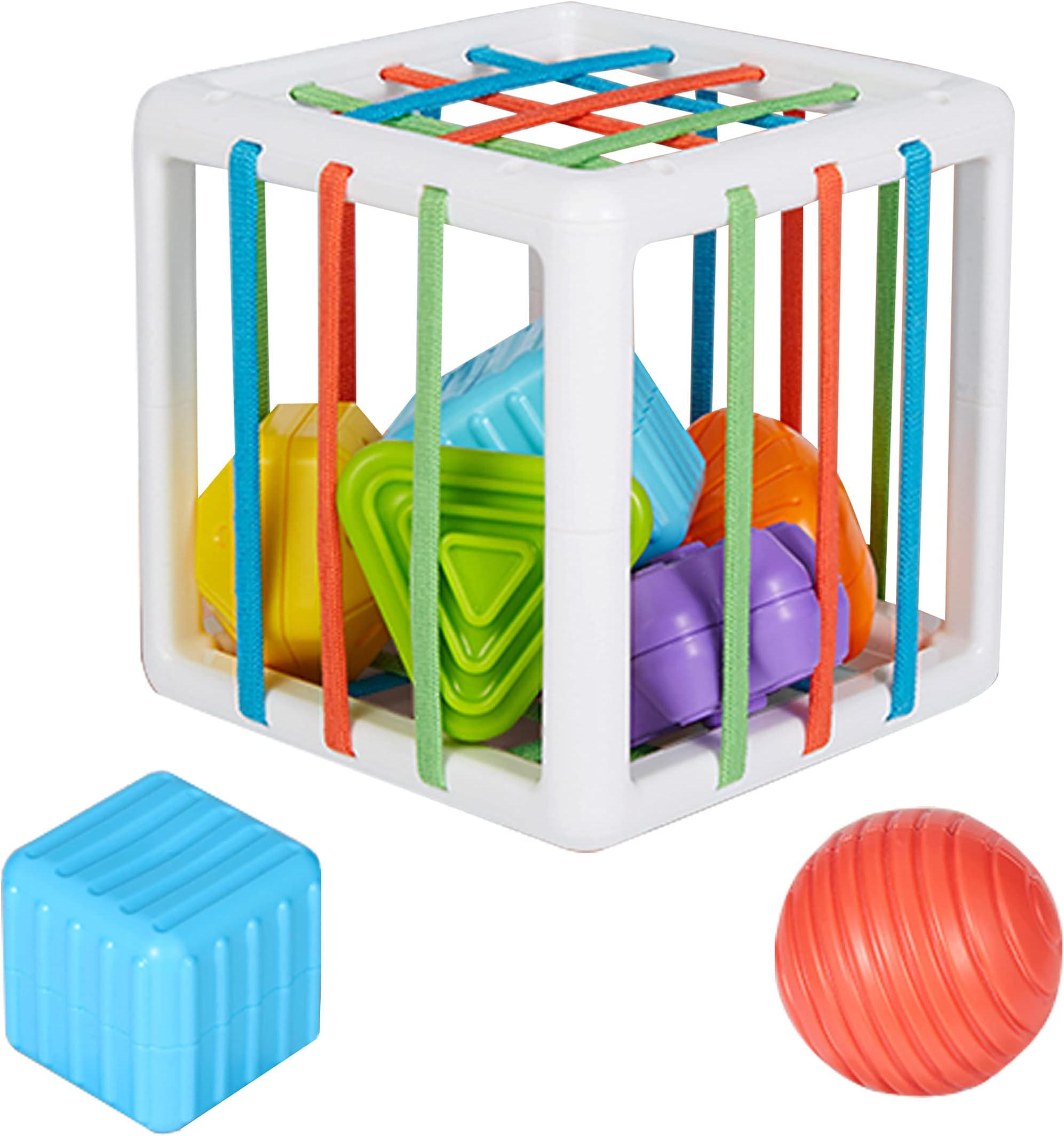 Baby Toy Sensory Bin – Cube Fidget Baby Games– Baby Sorting Toys with Colorful Shapes Baby Blocks and String –Shape sorter Toy Montessori Toys for 1 Year Old boy Gifts, Girl First Birthday Gift