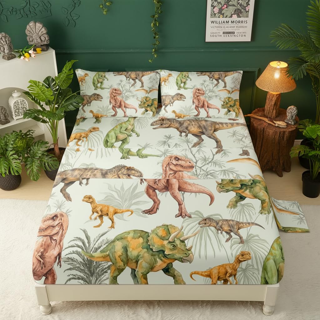 QOOMO Teal Dinosaur Sheet Sets Queen Size 4 Piece, Trippy Dino Sheets for Boys Kids Teens with 2 Pillowcases and 16" Deep Pocket, T-rex Bedding Set