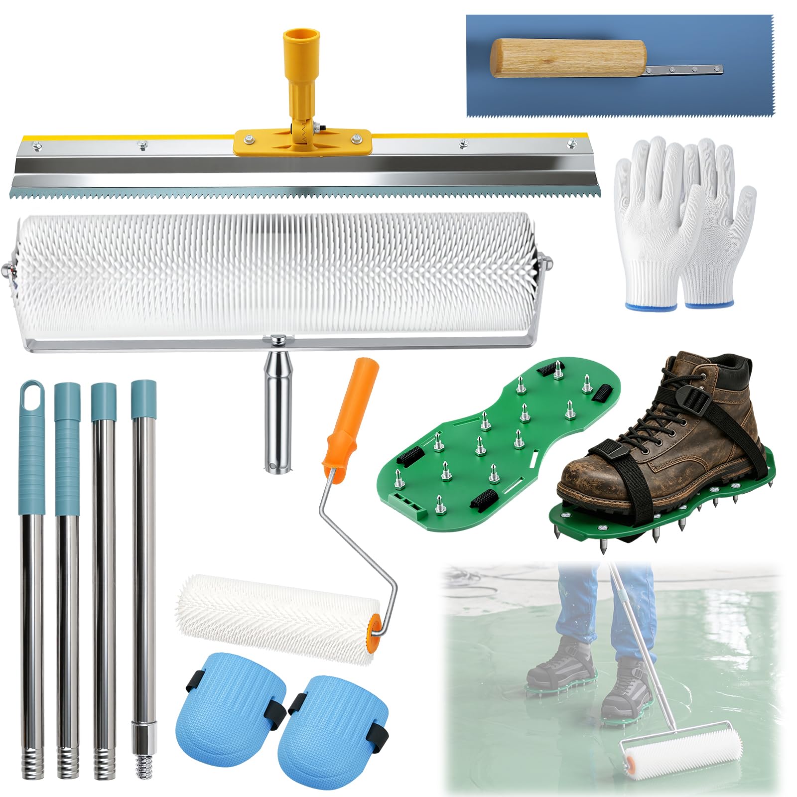 Kit de herramientas de cemento autonivelante que incluye rascador de acero inoxidable, rastrillo autonivelante, zapatos de construcción de pisos, herramientas de pintura epoxi para pisos con