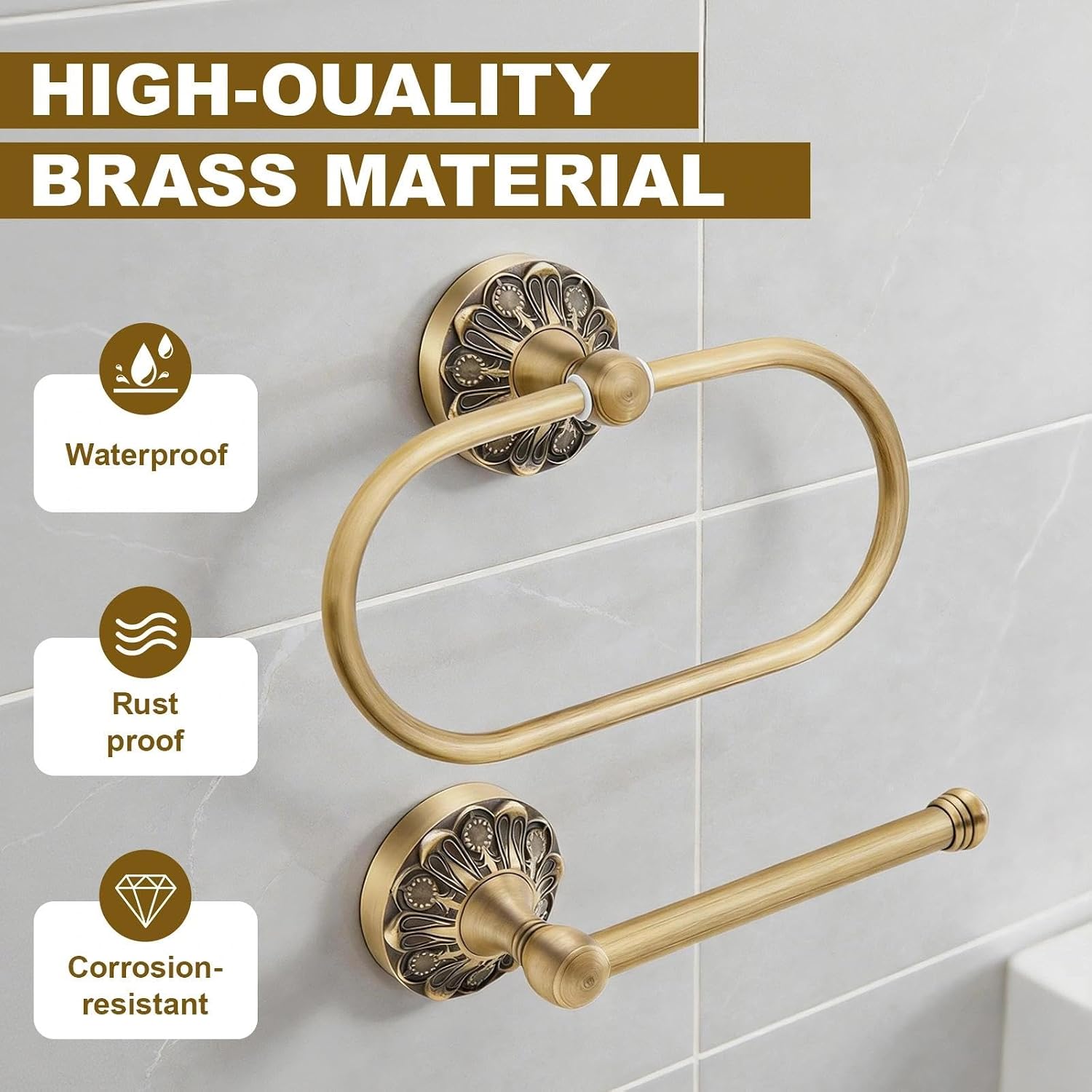 2 Pcs Set Antique Brass Toilet Paper Holder Retro Hand Towel Holder Towel Ring Tissue Roll Paper Hanger Bathroom Hardware Wall Mounted Vintage Bathroom Accessories