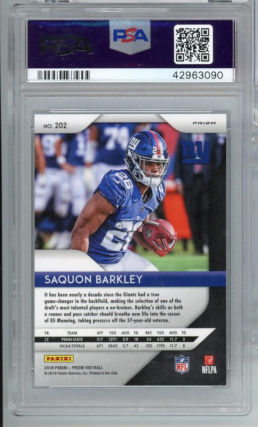 Graded 2018 Panini Prizm Disco Prizm Saquon Barkley #202 Rookie RC Football Card PSA 10 Gem Mint