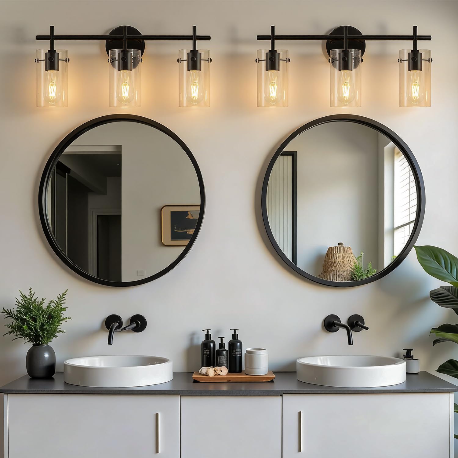 Indoi Bathroom Light Fixtures, 3-Light Matte Black Vanity Light, Black Bathroom Lights Over Mirror with Clear Glass Shade, Wall Sconces for Mirror Bedroom Living Room Hallway