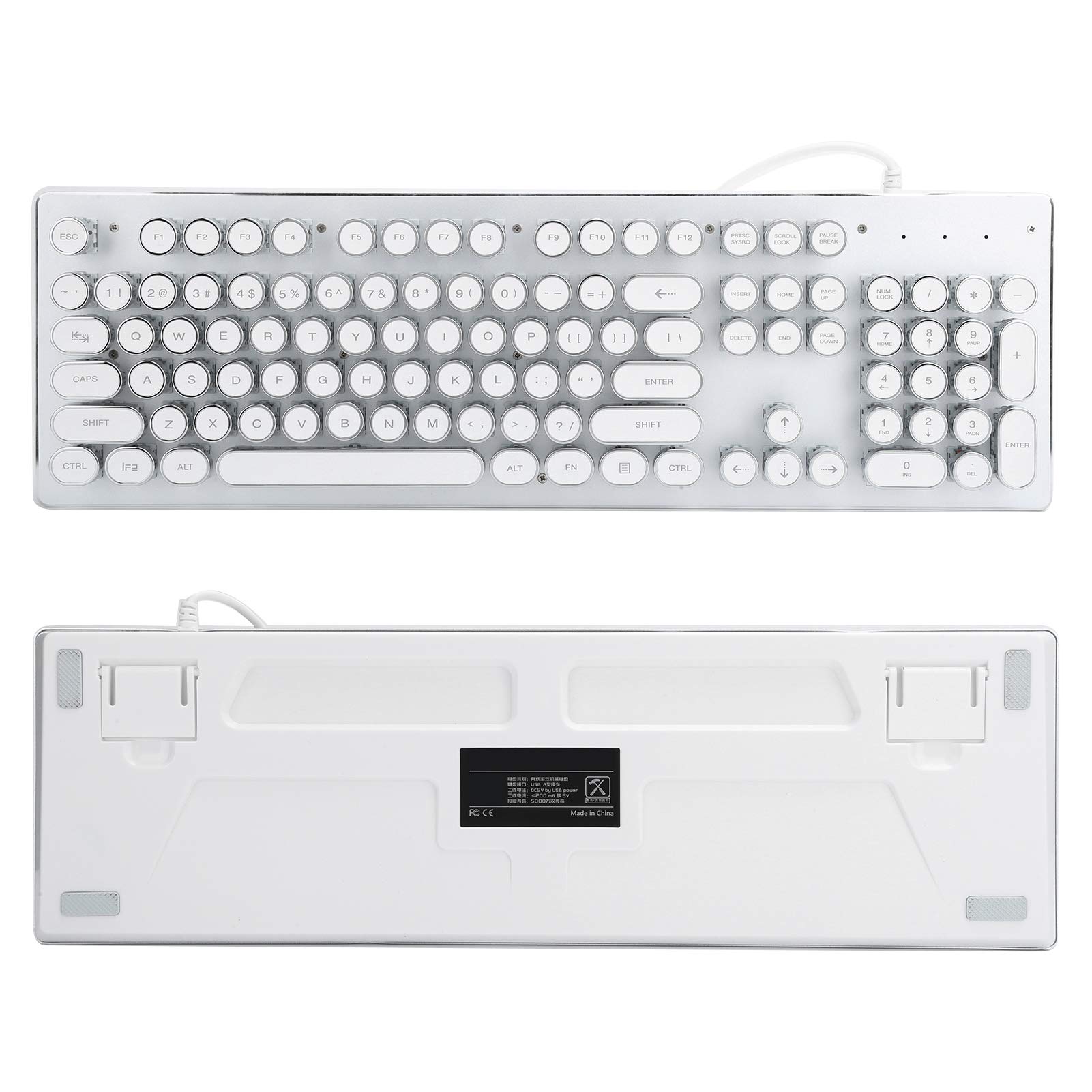 Goshyda Teclado mecánico Retro, 104 Teclas, Estilo Punk, Teclas Redondas para Juegos, Teclado mecánico, diseño ergonómico con luz Mixta Colorida, para computadoras de Escritorio y portátiles(Blanco)