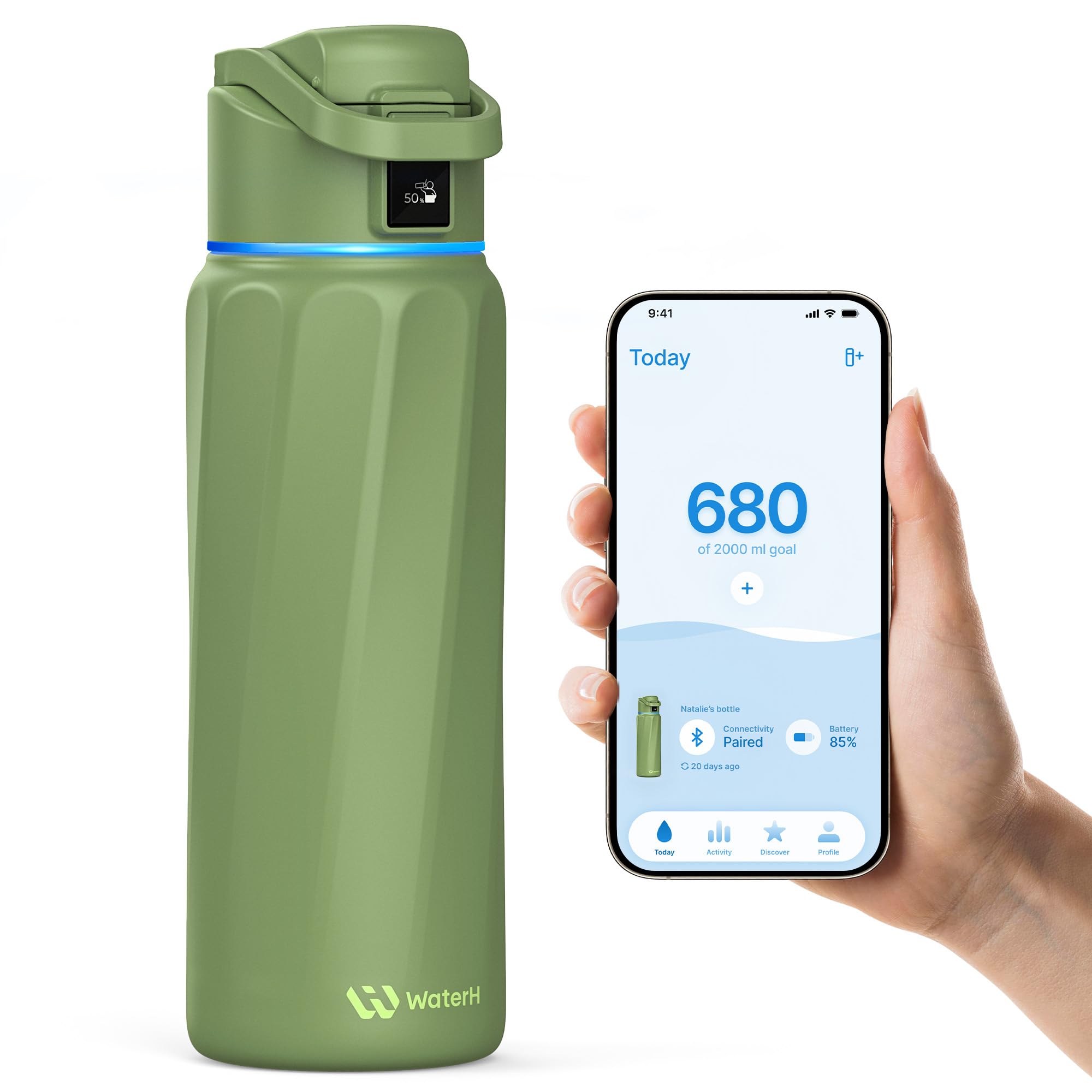 WATERH Boost Smart Water Bottle that Reminds You to Drink, BPA-Free Stainless Steel Vacuum Insulated Bottle, Wide Mouth Water Tracker Bottle with APP, Ideal for Father's Day, Green, 946 ml
