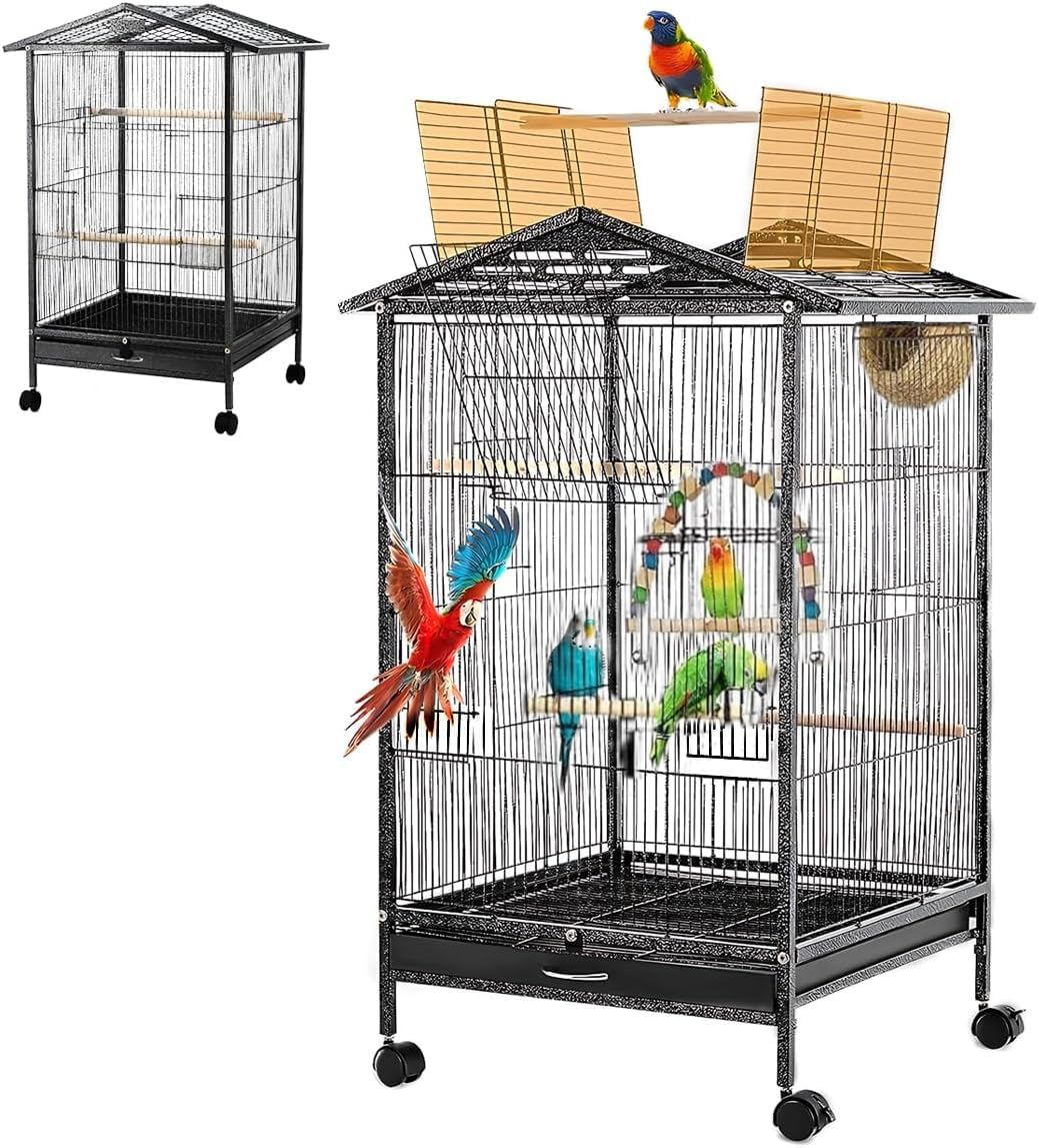 HopHop Large Metal Bird Flight Cage: Spacious Parrot Cage with Removable Tray, Feeder, and Waterer - Multifunctional Aviary for Convenient Bird Care (38