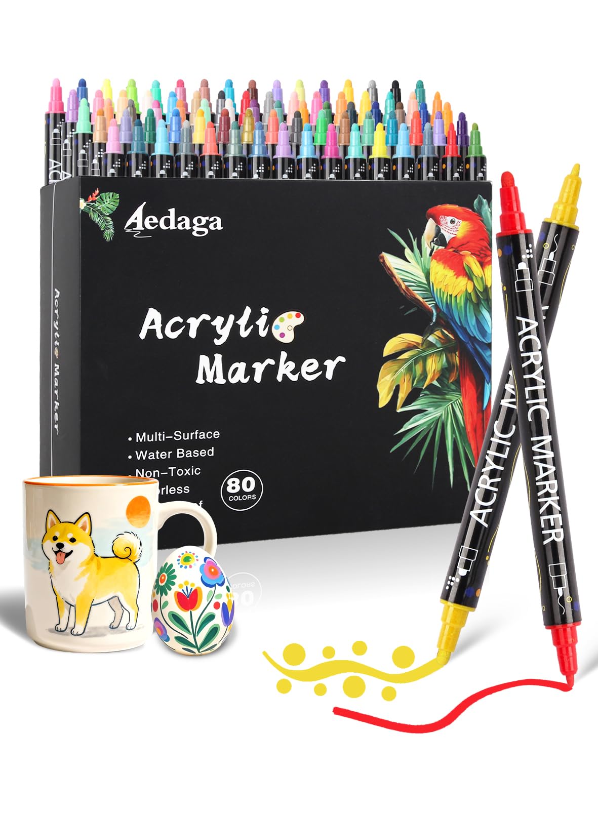 Acrylic Marker 60 Colors, Dot and Fine Tip Pens, Water-Based Paint, Non-Toxic and Odorless, Waterproof, Quick-Drying, Suitable for Illustration Notebooks, Plastic Sheets, Glass, Graffiti, DIY for Kids
