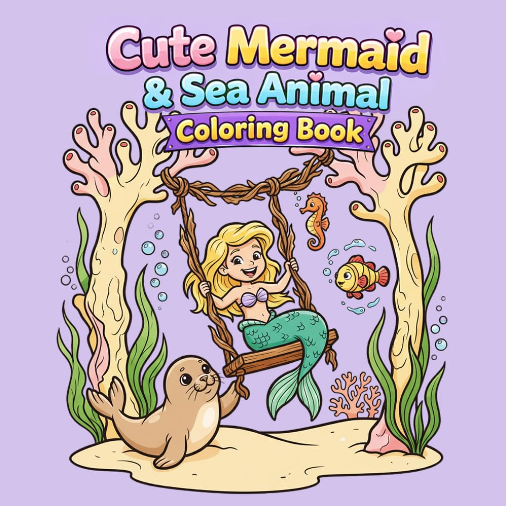 Cute Mermaid & Sea Animal Coloring Book: Cozy & Fun Underwater Coloring Pages with Mermaids, Seals, Whales, and Ocean Friends | Perfect Gift for Adults, Teens, Kids, and Girls Who Love Mermaids