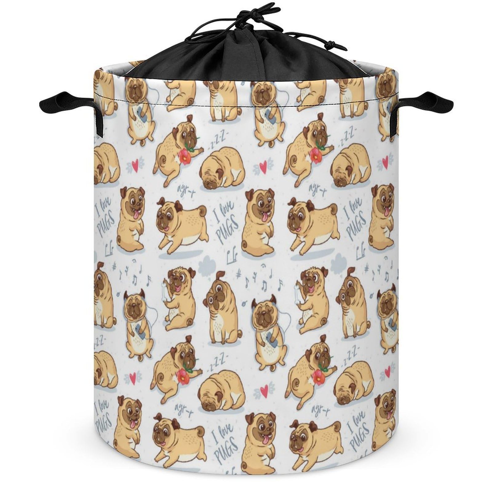 Wlntrophic Drawstring Laundry Hamper, Pug Dog Laundry Basket, Washing Basket with Handle