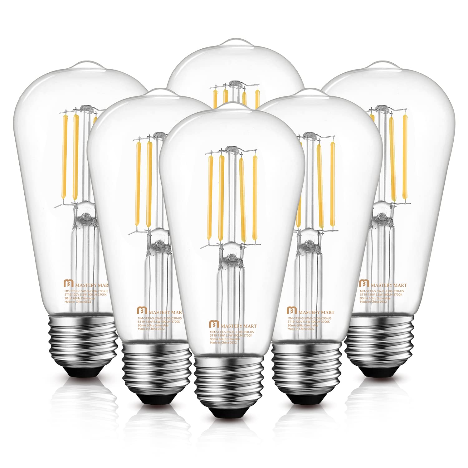 MASTERY MARTST21 [60W Equivalent] [Dimmable] [CRI 95+] LED 5.5W Vintage Light Bulbs, 2700K Soft White, Clear Glass Antique Decorative Filament Edison Bulb, E26 Base, 500LM, (6 Pack)