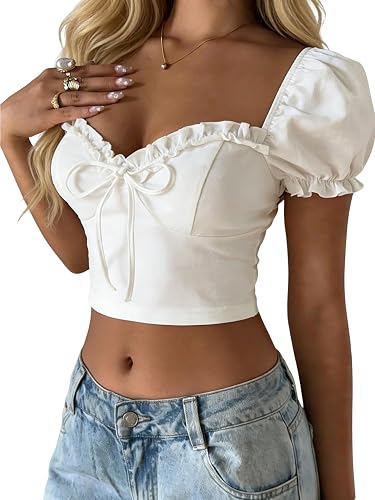 Verdusa Women's Babydoll Tops Puff Sleeve Sweetheart Neckline Top Crop