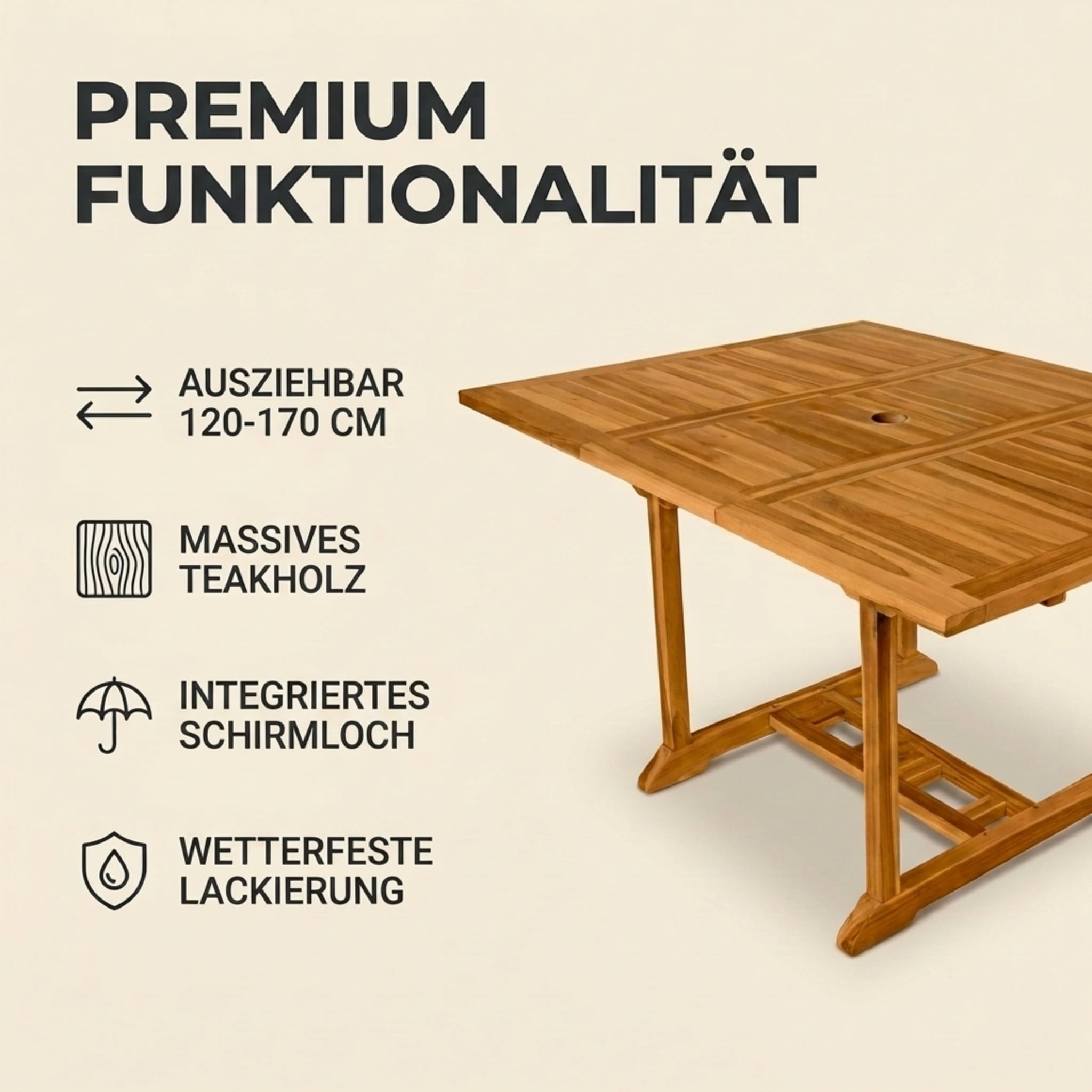 SAM Premium Gartentisch ausziehbar Madera, Garten Tisch aus Teakholz 120-170 x 120 cm, wetterfester Terrassentisch mit Schirmloch, rechteckiger Holztisch für Garten Terrasse, massiver Holz Esstisch