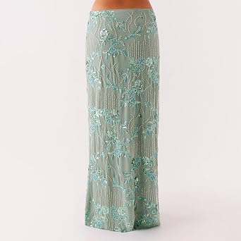 Women Y2k Sequin Long Skirt Bead Floral Embroidery Maxi Skirt Low Waist Rhinestone Glitter Bodycon Club Skirt