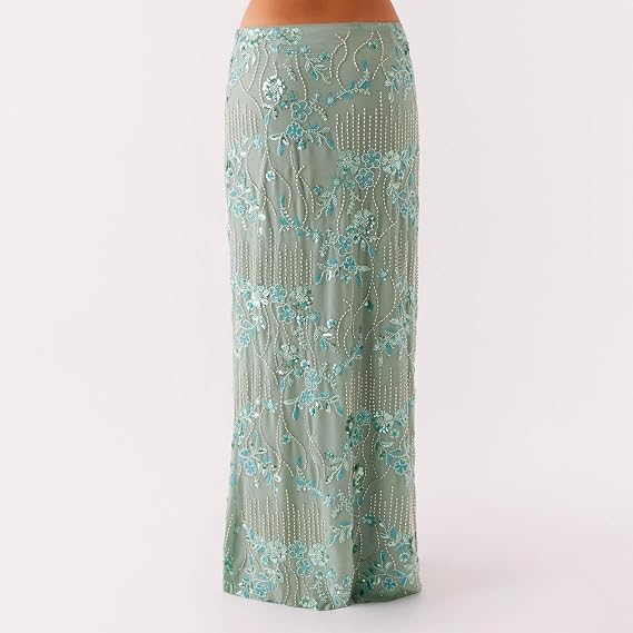 Women Y2k Sequin Long Skirt Bead Floral Embroidery Maxi Skirt Low Waist Rhinestone Glitter Bodycon Club Skirt
