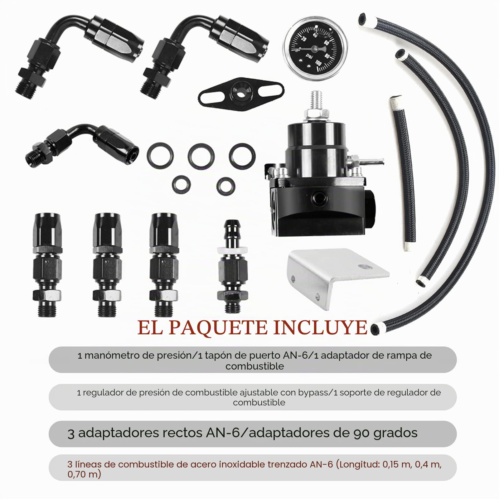 EFI - Kit regulador de presión de combustible 0-100 psi con calibre 6AN ajuste de línea de combustible universal ajustable de aluminio (negro)