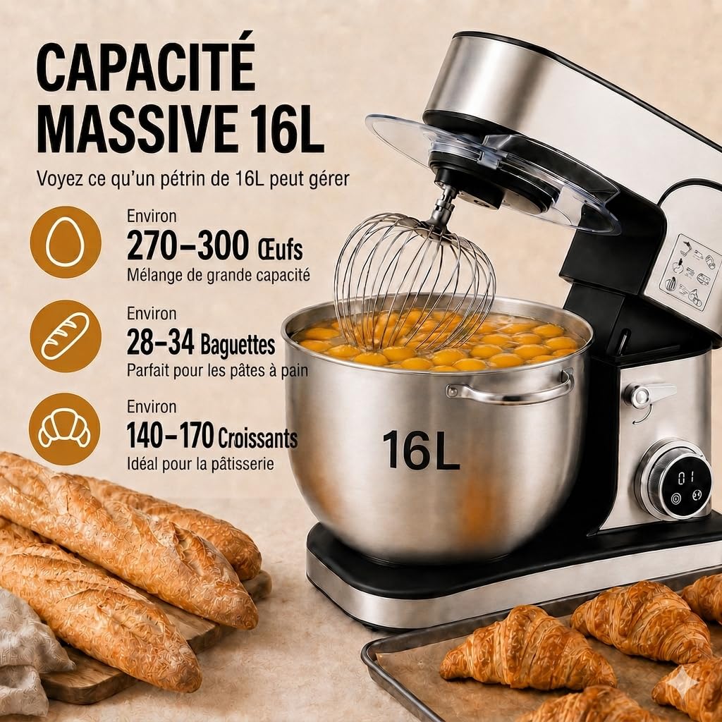 Royal Swiss ® Robot Pâtissier Professionnel 16L XXXXL 2800W, grande capacite - 12 Vitesses + Timer, Bol Inox, Ultra Puissant Pain, Pizza & Pâtisserie, patissier, Usage Intensi, Bol Inox Pâtissier