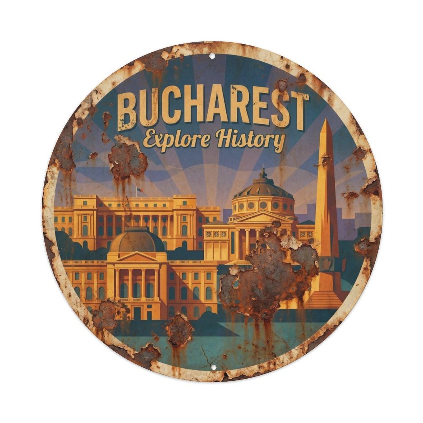 Vintage Travel Bucharest Revolution Explore Metal Tin Sign