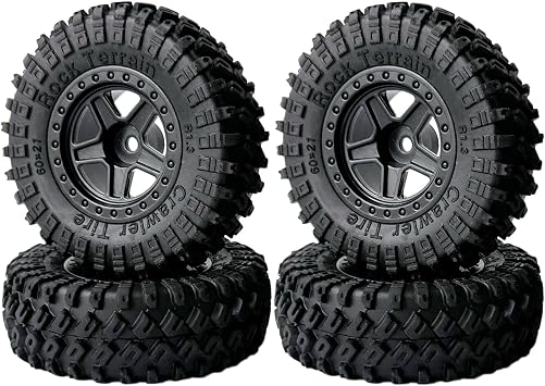 4PCS 1.3 inch 5Spoke Beadlock Wheel Rims Tires and 60mm Rubber Tyre Set for 1/18 1/24 RC Rock Crawler Truck Car for Axial AX24 SCX24 TRX4M FCX24 Upgrade Parts Black