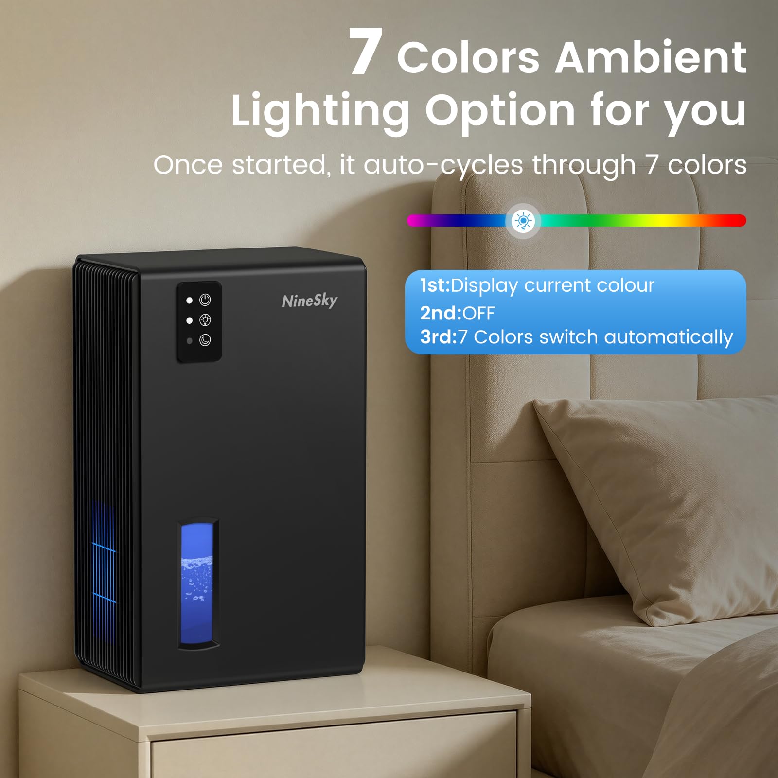 Deumidificatori per la casa, 1000 mq deumidificatore con serbatoio dell'acqua da 2,7 l, deumidificatore silenzioso per cantina, bagno, camera da letto, con luce ambientale a 7 colori e spegnimento
