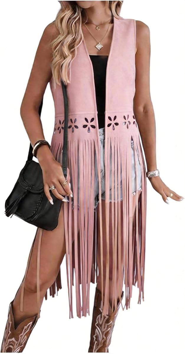 Chaleco con borlas de ante sintético para mujer, sin mangas, con flecos de vaquera occidental, estilo hippie de los años 70, cárdigan con frente abierto