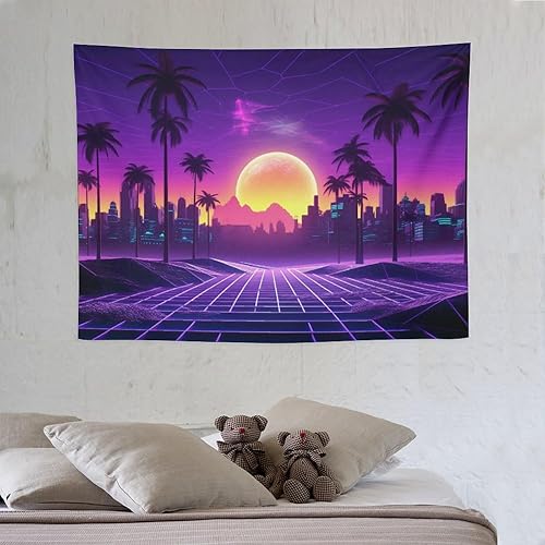 Miniatura 6 de PailailaiNest Tapiz artístico para pared, palmera, puesta de sol, morado, vaporwave, para colgar en la pared, telón de fondo para decoración de