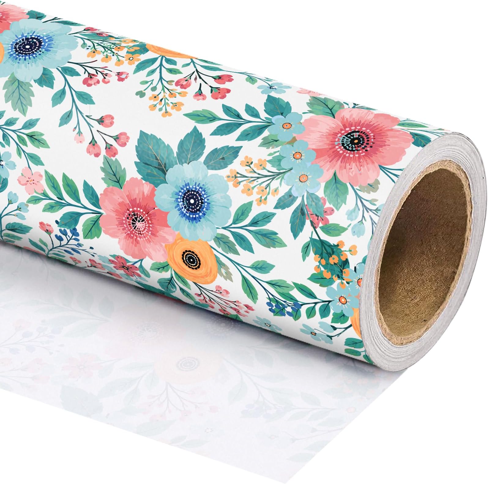 WRAPAHOLIC Floral Wrapping Paper Roll - Mini Roll - 17 Inch x 33 Feet - Spring Summer Garden Flower Design Perfect for Wedding, Bridal Shower, Birthday, Baby Shower