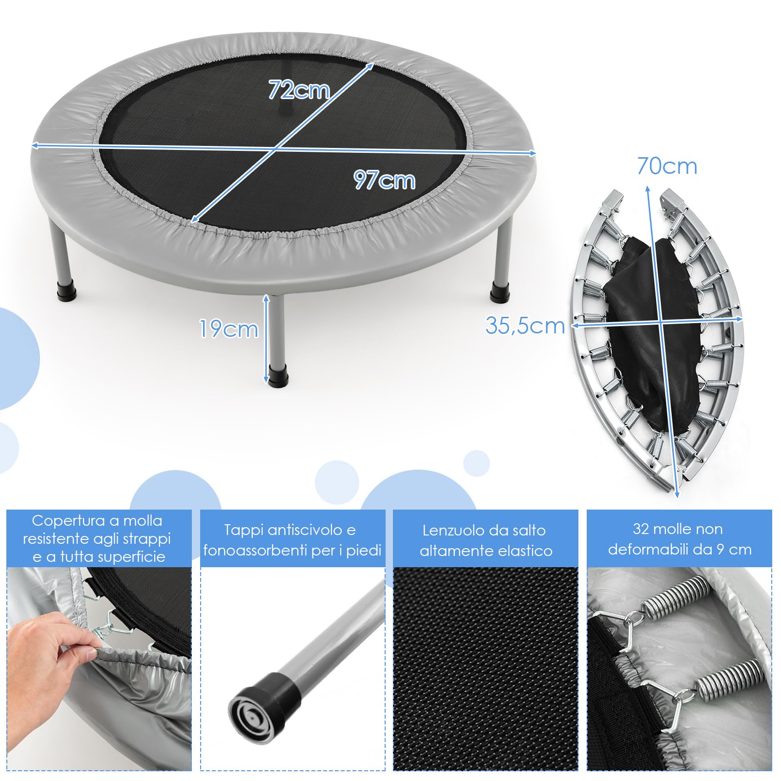 COSTWAY Trampolino Elastico Pieghevole, Tappeto Elastico da Interno con 32 Molle e 6 Gambe e Cuscinetti Antiscivolo, Capacità di Carico 150 kg
