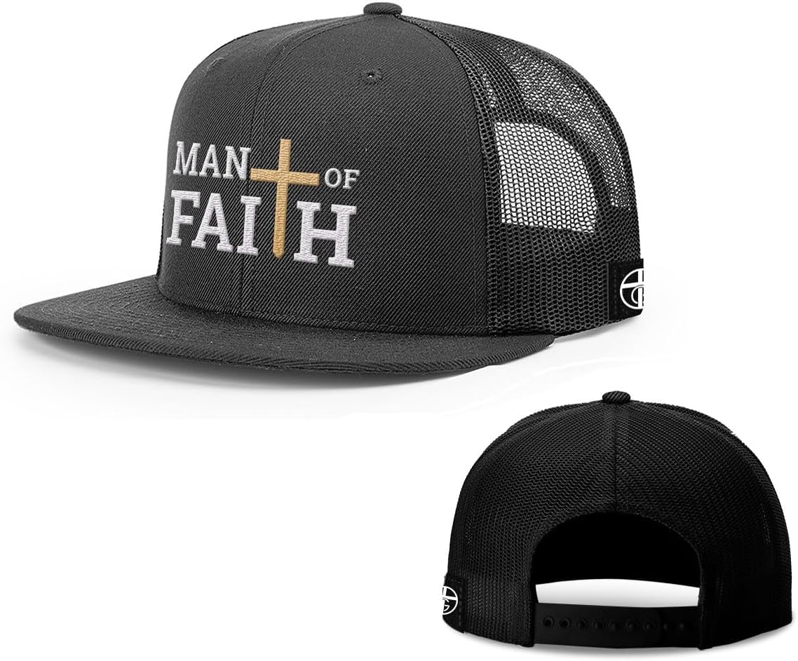 Our True God Man of Faith Flatbill Christian Trucker Hat - Adjustable Snapback Hat - Breathable Mesh Side for Casual Wear