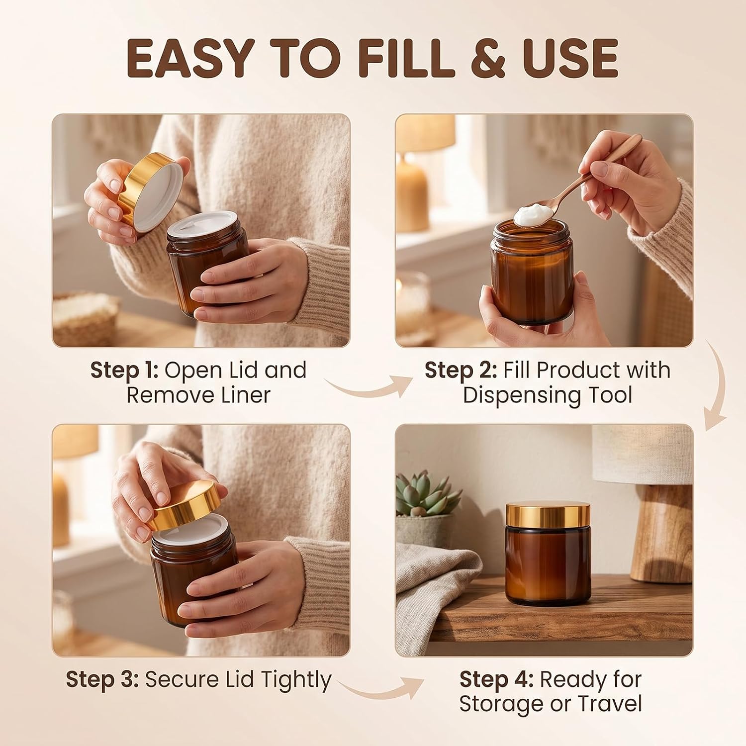 3 Pack 60ml Amber Glass Cosmetic Jars,Gold Lid Lotion Container