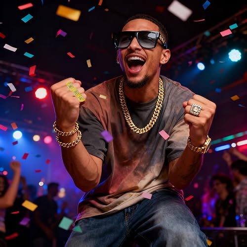 Miniatura 4 de Cadena de oro falsa de los años 80 y 90, cadena de oro falsa, incluye cadena grande, anillo de oropulsera, gafas rave, decoraciones de fiesta