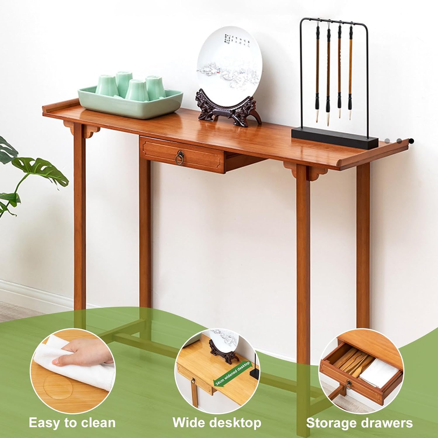 Bamboo Meditation Altar Table, Altar Table with Storage, retaining Edge Design with Drawer, Ideal for Spiritual Practices and Decor(Wood Color,33.1 * 13.4 * 33.1in)