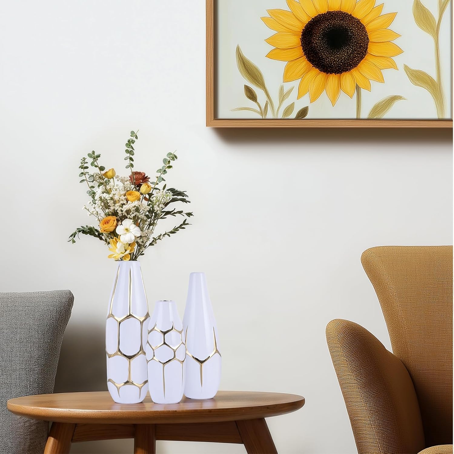 Ceramic Geometric Decorative Vase Set of 3, White and Gold Vases, Modern Home Decor Vases, Suitable for Living Room, Kitchen, Bedroom, Bathroom, Entryway Mantel, and TV Console Decor.