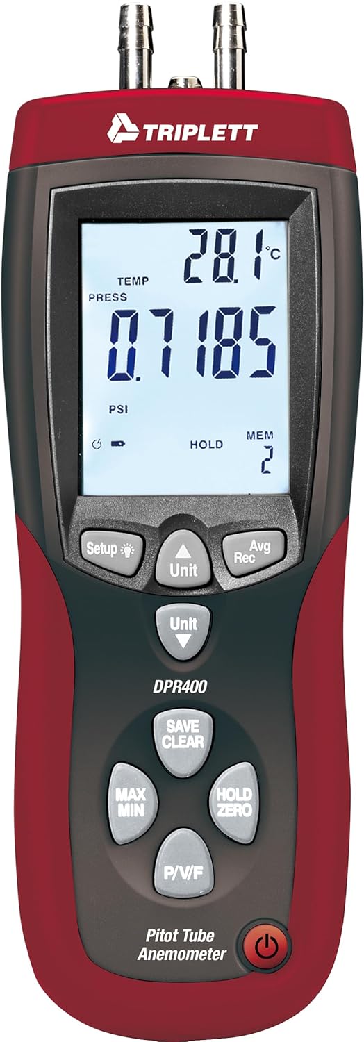 Triplett DPR400 Differential Airflow Meter/Pitot Tube Anemometer - Pressure, Air Velocity, Air Flow, Temperature