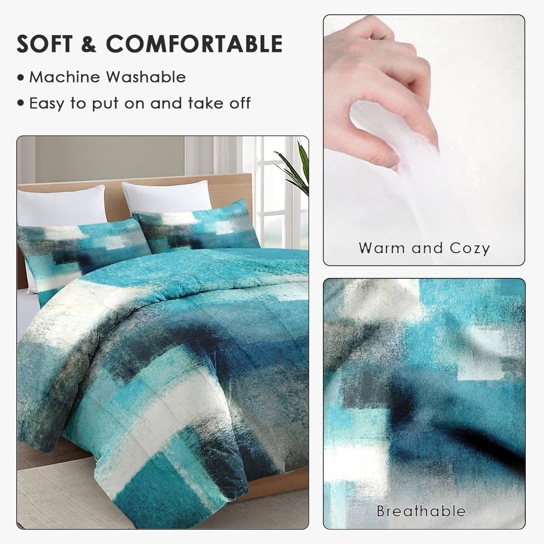 Queen Size Comforter Set with 2 Pillowcases, Painting Contemporary Teal Turquoise Grey Soft 3 Pcs Bedding for Kids and Adults Bedroom Bed Decor - Image 5