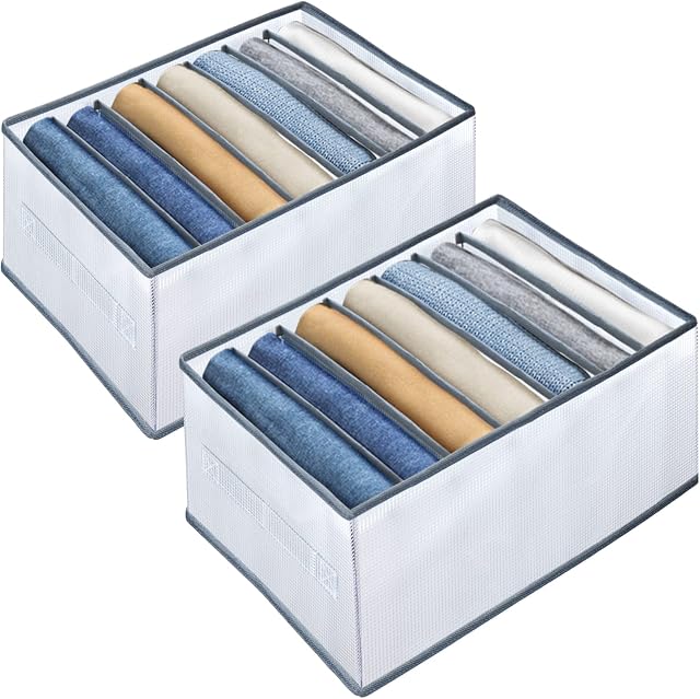 Hysagtek 2 Pcs Upgrade Drawer Clothes Storage Boxes with Support Board, Wardrobe Jeans Trousers Organizer Storage Large 7 Grids Foldable Closet Dividers for Shirt Legging Pants