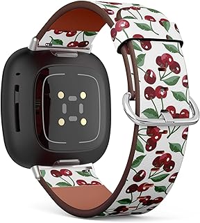 CJBROES Replacement Leather Watch Band, Compatible with Fitbit Versa 3 and Fitbit Sense of Wristband Bracelet Accessory - Summer-Sweet-Cherries