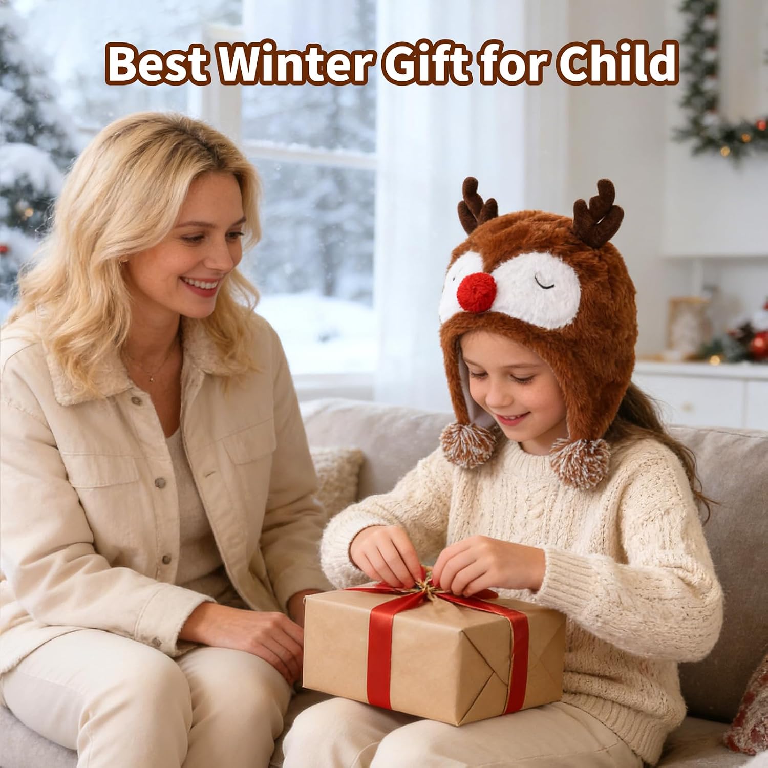 Winter Hats and Gloves for Kids, Deer Antler Hat and Gloves Set, Fluffy Earflap Beanie with Winter Mitten for Girl Boy