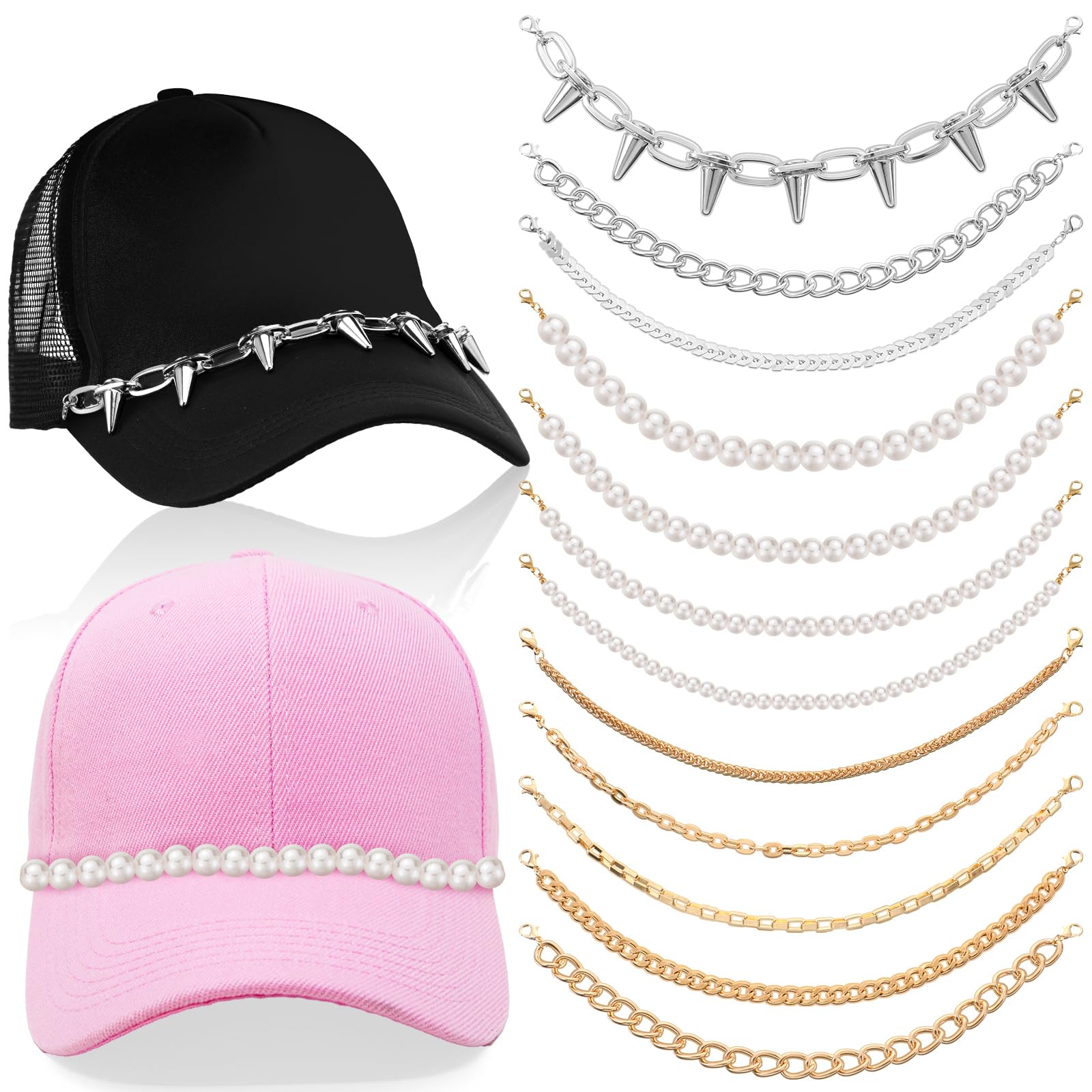 Tondiamo 12 Pcs Trucker Hat Chains and Charms Bulk Metal Turquoise Pearl Hat Chain Accessories for Women DIY Baseball Cap Purse(Elegant Style)