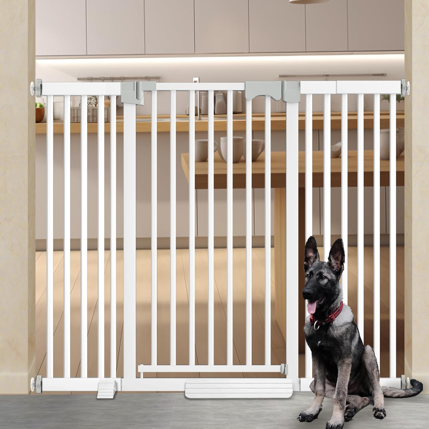 41'' Extra Tall Baby Gate for Large Dogs Pets Indoor No Jumping Over, 54.7-63.0'' Wide Heavy Duty Puppy Gate for Doorways, Pressure Mounted Metal Gate for Child Toddler No Tools Needed(White) White-41"tall 55-63.0'' Wide