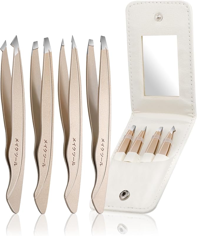 Plys Conjunto de Pinças para Sobrancelhas Rose Gold com Estojo e Espelho, 4 Unidades