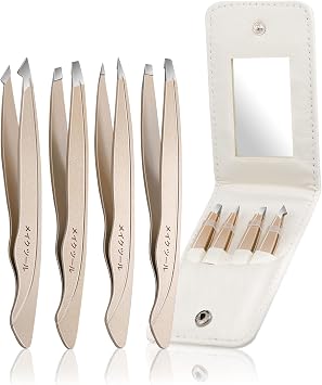 Tweezers Set for Women Facial Hair Stocking Stuffers 4Pcs Stainless Steel Eyebrow Tweezer Set with Travel Mirror Case, Suitable for Everyday Use in Car, Purse