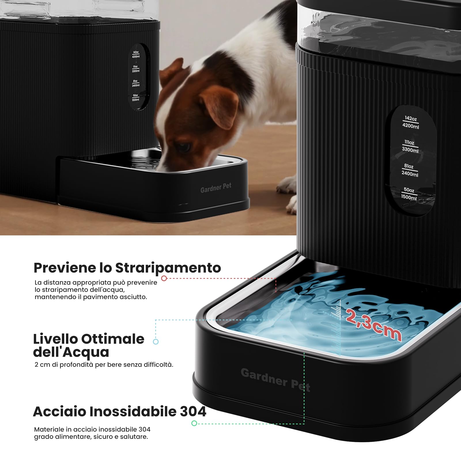 Gardner Pet distributore d'acqua automatico da 6,5L, abbeveratoio a gravità con ciotola in acciaio inossidabile, distributore di cibo per cani e gatti,BPA-free, senza elettricità, silenzioso