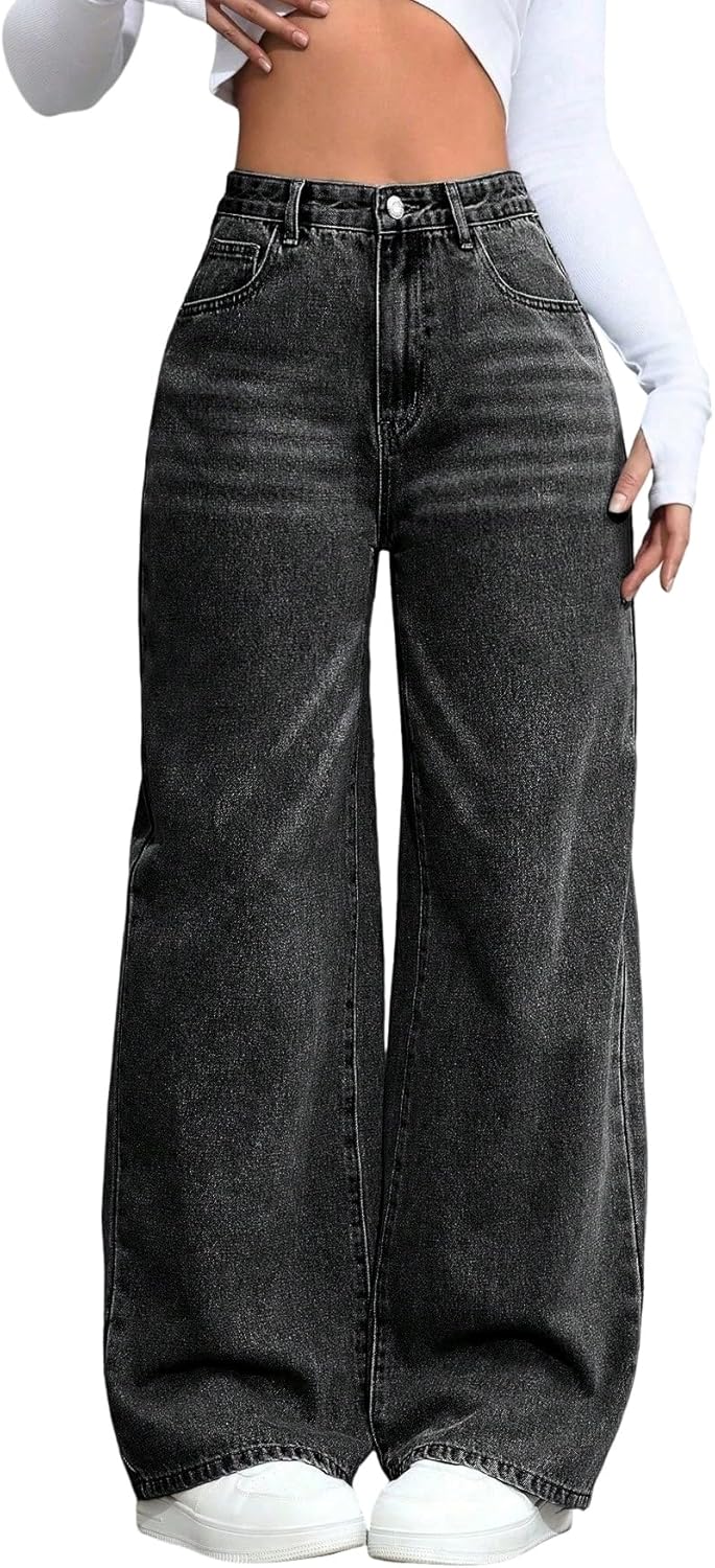EARKOHA Women's Jeans Ladies' Simple Daily Wear Black Baggy Straight Leg Jeans
